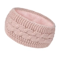 Detail of pink knitted winter headband featuring warm fleece lining and cable knit texture - Shrimp Pink