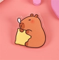 Cute capybara acrylic brooch pin holding yellow cheese toast on pink background - No.7 Capybara