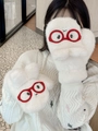 Detail of cute white plush mittens with red glasses embroidery and warm lining - Red Glasses Rabbit / White