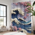 Detalle de la textura 3D con relieve de olas y cerezos en la cortina de baño impermeable gruesa - 90*180cm / Ola del Mar Sakura (25Y1B)