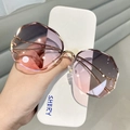 Fashionable rimless oversized hexagonal sunglasses with purple pink gradient lenses - Gold Frame Gray Pink Lens