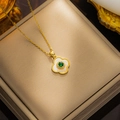 Luxury gold four-leaf clover necklace with white mother-of-pearl and green gemstone inlay - 8802 Golden Green