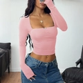 Y2K slim fit pink long sleeve base layer top for women in a minimalist style - S / Pink