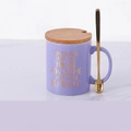 Purple ceramic tulip mug set with gold motivational quote, wooden lid and golden spoon - Purple - Ceramic Mug + Wood Lid & Spoon