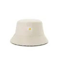 Detailed view of daisy embroidery on a beige cotton canvas sun hat for women and men - M (56-58cm) / Beige