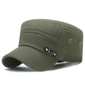 Army green military flat top cap in breathable cotton canvas with side fashion strap - Adjustable / Army Green