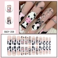 Long square press-on nails with cartoon cow patterns, black and white spots and glitter - SGCY-258 / Glue Type