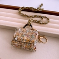 Multicolor tweed mini pouch charm with golden metal hook and woven lanyard accessory - 14# Necklace-Brown-Bag (Tweed Bag)