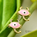 18K gold-plated crab studs with pink enamel eyes and zircon accents on a green stem - 43741-Gold Pink Crab Eye
