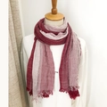 Red and white striped cotton linen scarf with tassel fringe on a mannequin - Wine Red