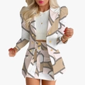 Tailleur jupe 2 pièces pour femmes en blanc et beige avec élégant motif à chaînes - Ensemble Imprimé Chaîne Blanc