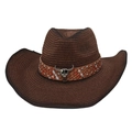 Dark brown straw cowboy hat with vintage bull skull metal accessory and western belt - Coffee (Bull Head + Windproof Rope)