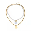 Double-layered gold necklace set with baroque pearl, T-bar clasp and round pendant - CDK139 Double Layered Necklace