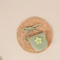 Kids handmade woven straw crossbody bag in light green with cute checkered flower detail - Green