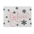 Christmas placemat with pink Believe text and black snowflake patterns on grey fabric - CD27-13 (Pink Believe)
