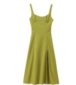Detail of olive green slit dress featuring a ruched bust and elegant side high slit design - XS / Olive Green