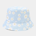 Close-up of light blue cotton daisy bucket hat with detailed stitching and floral print - Light Blue Daisy Style
