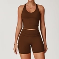 Set da yoga marrone cioccolato in due pezzi con canotta con retro a vogatore e pantaloncini - Taglia S / Top E Pantaloni / Canotta + Pantaloncini / marrone cioccolato