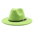 Close-up of vibrant green wool fedora with brown leather band and silver carved buckle - M (56-58cm) / Fruit Green