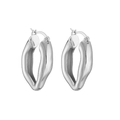 Detailed view of silver-tone irregular twisted C-shape hoop earrings with polished finish - Irregular Oval Hoop / Silver