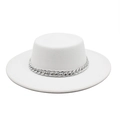 Close-up of a white wool felt fedora hat featuring a chunky silver chain link band - M (56-58cm) / White
