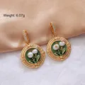 Vintage style gold earrings with green enamel floral charms and shimmering rhinestones - 【B-19】Round Green Pearl Flower
