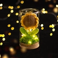 Girasole all'uncinetto in cupola di vetro con luci LED calde e base in legno naturale - Girasole