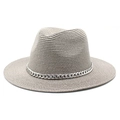Detail of light khaki straw Panama hat with wide brim and decorative silver chain link - M (56-58cm) / Gray