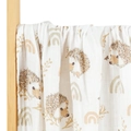 Muslin cotton baby swaddle blanket with hedgehog and rainbow print on a wooden hanger - White Hedgehog Rainbow