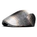 Classic herringbone newsboy cap featuring a black, white, and khaki patchwork design - Black White Khaki Color Block Herringbone / Black
