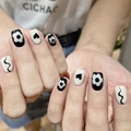 Handcrafted press-on nails featuring black and white floral and heart patterns - HY283 Black White Flower Heart