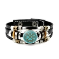 Viking Vegvisir compass leather bracelet with multi-layer black cord and turquoise charm - Blue Glass Viking Compass Style (JY006544-9)