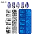 Blue rectangular nail art stamping plate model OMD-04 with floral and lace patterns - OM-D04 Rose Lace Tropical Leaf (OM-D04)