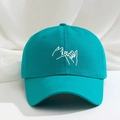 Detailed close-up of blue cotton baseball cap featuring pinky swear embroidery design - Lake Blue