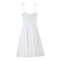 Elegant white spaghetti strap midi dress with cinched waist and A-line silhouette - XS / White