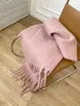 Thick light pink mohair style scarf with fringe tassels for winter warmth - Sakura Pink