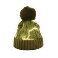 Close-up of olive green cable knit winter beanie with a large faux fur pompom detail - M(54-58cm) / Olive Green Tie Dye