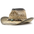 Detail of hand-woven straw cowboy hat with turquoise beads and shell decorative band - Adjustable / Beige-Black