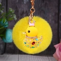 Cute yellow plush duck keychain with pink crown and colorful crystals on gold ring - Single OPP Bag Packaging / Yellow Duck + Yellow Plush Ball