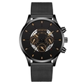 Fashionable men's black quartz watch with rose gold markers and steel mesh strap - Red Hands Black Dial Black Case Black Band