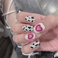 Short square cow print press-on nails with pink hollow heart pattern and glossy finish - Cow Print Pink Heart Short Square Style (JP995)
