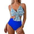 Blue floral two-piece bikini with bow tie top and high-waisted bottoms for women - Blue