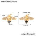 Detailed view of bee-shaped stud earrings in titanium steel with zircon and size specs - Gold Bee Earrings (TXF147)