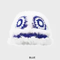 Blue and white plush rabbit fur crochet lion dance hat with decorative flowers - M (54-58cm) / Blue