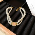 Double-layer freshwater pearl bracelet with pink square pendant on black velvet - Artificial Pearl Bracelet Style 94