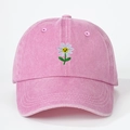 Gorra de béisbol de algodón lavado rosa con margarita bordada y cara de sonrisa alegre - Ajustable / Rosa