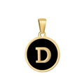 Détail d'un pendentif rond en acier doré avec émail noir et l'initiale D au centre du design - D-Émail Noir