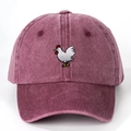 Close-up of white rooster embroidery on washed burgundy cotton twill baseball cap - Burgundy / One Size