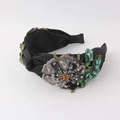 Modieuze brede geknoopte haarband met luxe kralenborduursel en strass bloemen - Zwart