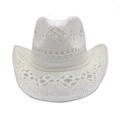Detailed view of hollow knit patterns on an off-white straw western cowboy sun hat - Pure White